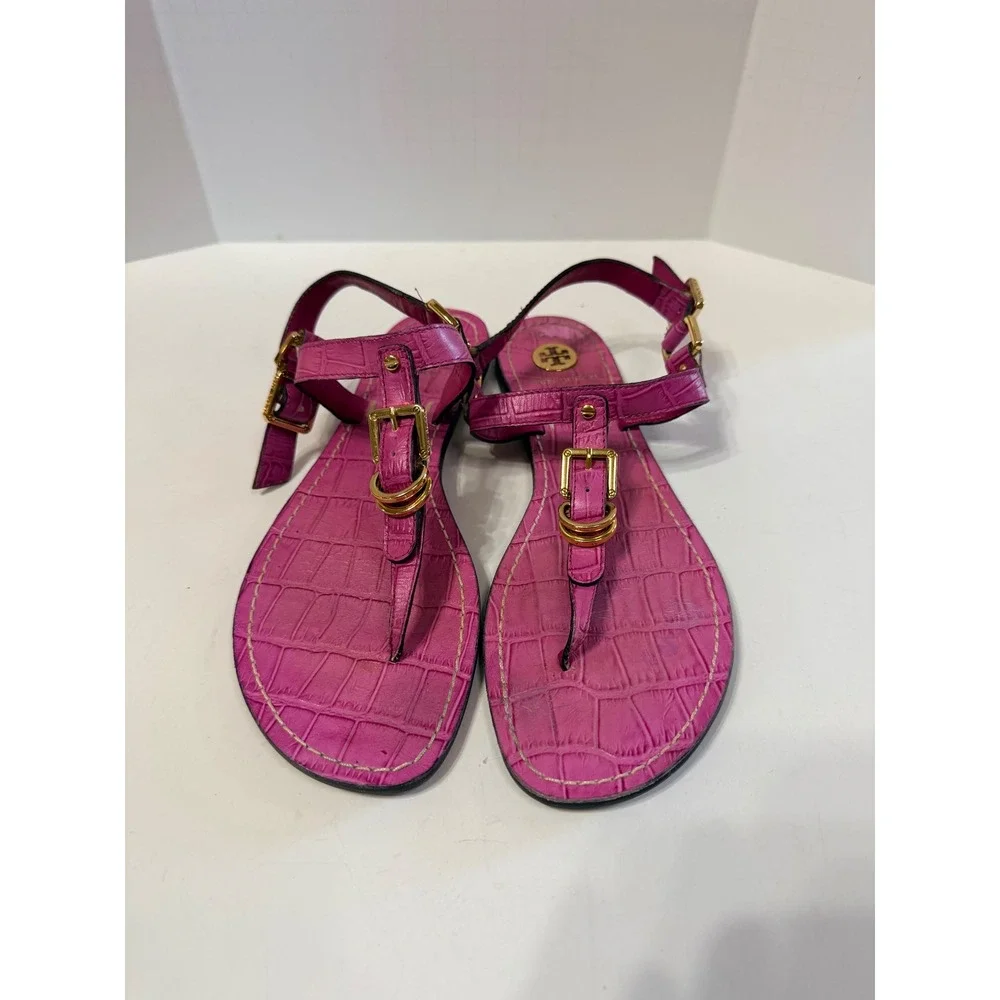 Tory Burch Pink Croc Embossed Leather Miller Sandals Gold Logo Thong Flat 7.5M